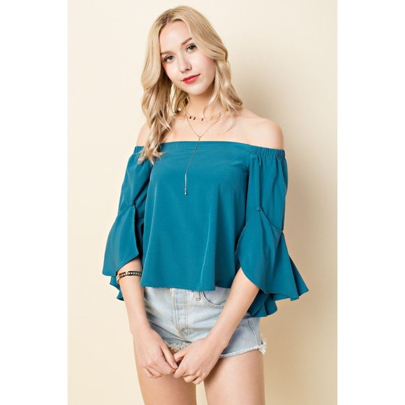 Women's Off Shoulder Buttoned Asymmetrical Bell Sleeve Top with Elastic Band - Picture 4 of 10